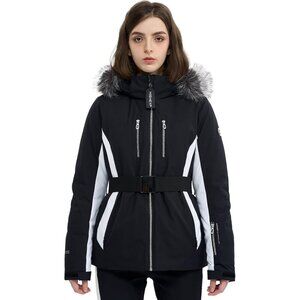 Women Black Ski Jacket Coat Belted Mountain Waterproof Winter